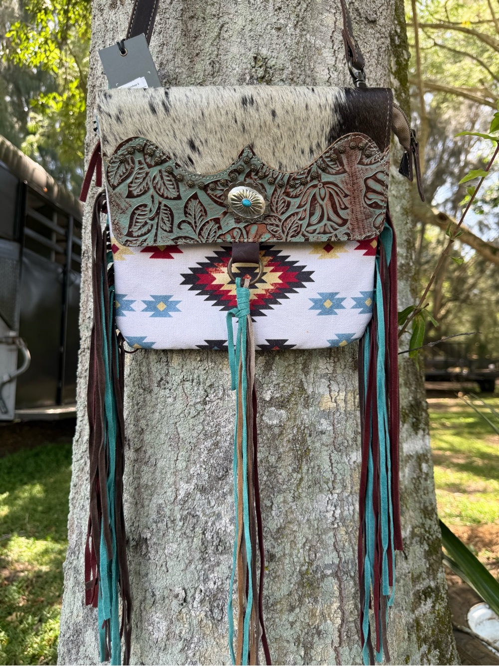 Myra Bag Turquoise Brown White Aztec Fringe Crossbody